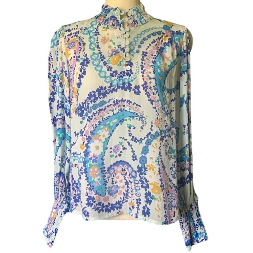 APNY Floral Paisley Blouse Womens S Cupro Smocked Cuff Mock Neck Romantic Top